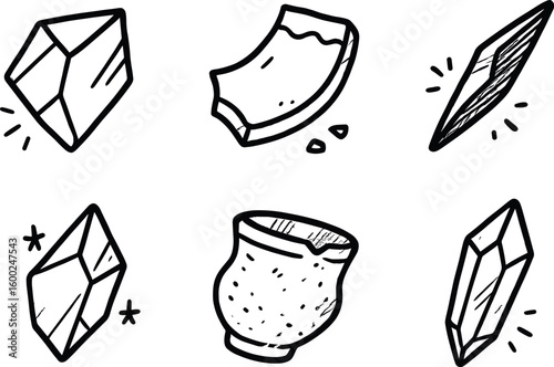 hand drawn cute out doodle style isolated shards glass fragment prism shards ceramic chip piece shards metallic splinter tip shards ice flake splinter shards pottery shard fragment shards