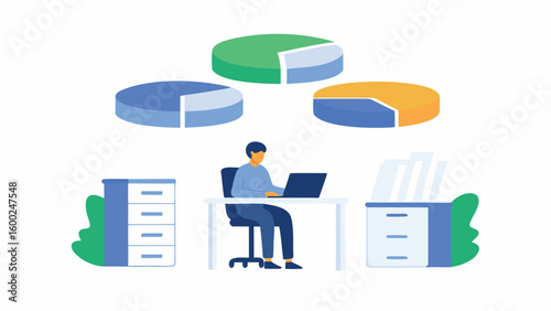 Illustration of a person working at a desk with pie charts and filing cabinets around them shown
