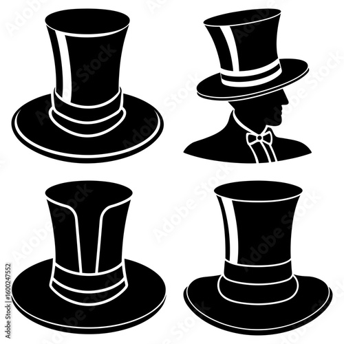 Silhouette illustrations of top hats and a man in a suit wearing a top hat and bow tie design