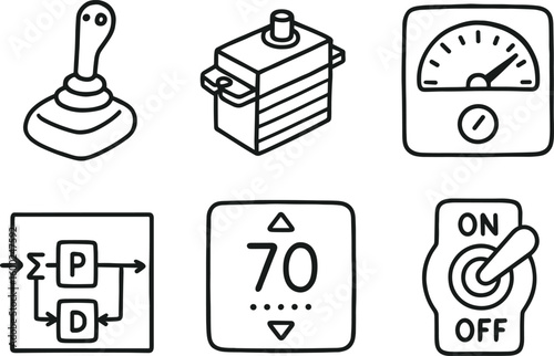 hand drawn cute out doodle style isolated control joystick input handle control servo drive motor control dashboard indicator gauge control feedback PID loop control thermostat interface