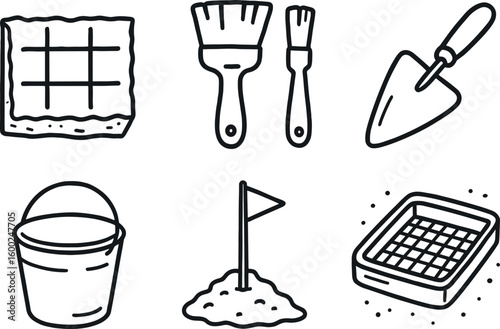 hand drawn cute out doodle style isolated ecavation trench ecavation bsh ecavation trowel ecavation bucket ecavation datum point ecavation soil sieve