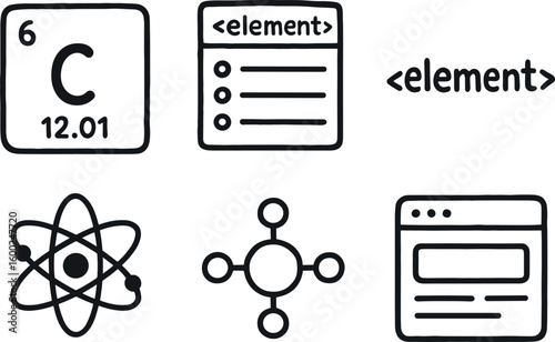 hand drawn cute out doodle style isolated element periodic table tile element list item element HTML tag element atomic model element core unit element block widget