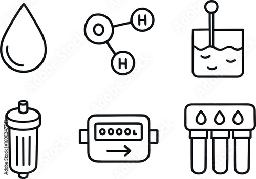 hand drawn cute out doodle style isolated water droplet icon water molecule model water level sensor water filter cartridge water flow meter water purification unit