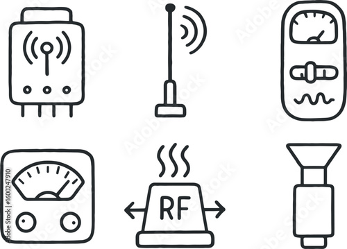 hand drawn cute out doodle style isolated radio transmitter module radio receiver antenna radio tuning dial radio frequency meter radio signal amplifier radio waveguide feed