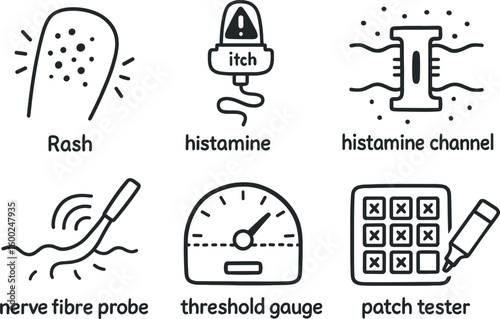 hand drawn cute out doodle style isolated irritation rash marker irritation itch sensor irritation histamine channel irritation nerve fiber probe irritation threshold gauge irritation patch