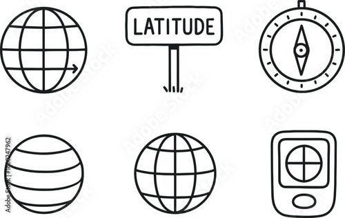 hand drawn cute out doodle style isolated latitude coordinate latitude marker latitude gauge compass latitude zone band chart latitude projection map latitude position sensor
