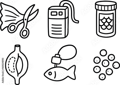 hand drawn cute out doodle style isolated fish fin clipper tool fish tank filter unit fish scale sample vial fish swim bladder model fish tracking tag fish feed pellet