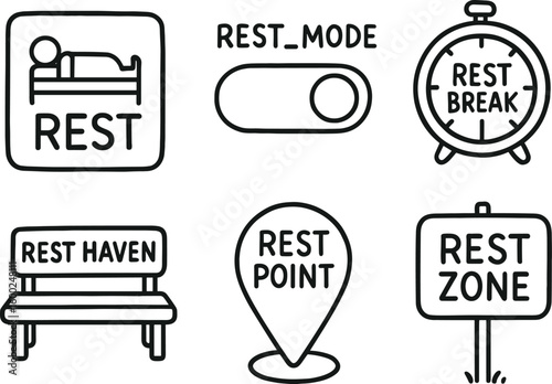 hand drawn cute out doodle style isolated rest area sign rest mode switch rest break timer rest haven bench rest point beacon rest zone marker