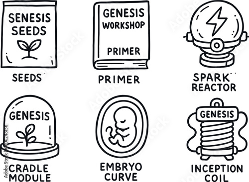 hand drawn cute out doodle style isolated genesis seed packet genesis workshop primer genesis spark reactor genesis cradle module genesis embryo curve genesis inception coil