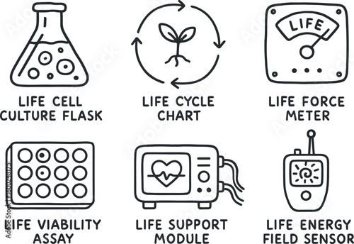hand drawn cute out doodle style isolated life cell culture flask life cycle chart life force meter life viability assay life support module life energy field sensor