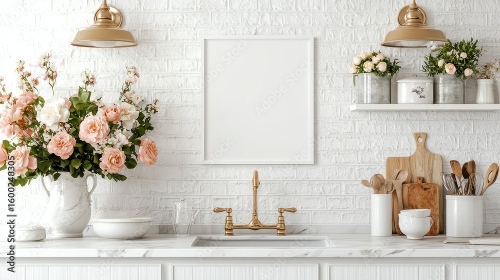 Fototapeta premium A blank frame stands out against a bright, floral kitchen.