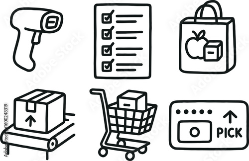 hand drawn cute out doodle style isolated picker selection scanner picker picklist sheet picker order tote picker conveyor belt zone picker picking cart picker pick to display
