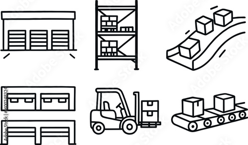 hand drawn cute out doodle style isolated distribution center dock doors distribution center pallet racking distribution center sorting chute distribution center cross dock area