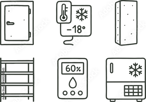 hand drawn cute out doodle style isolated cold storage freezer door cold storage temperature sensor cold storage insulation panel cold storage shelving rack cold storage humidity controller