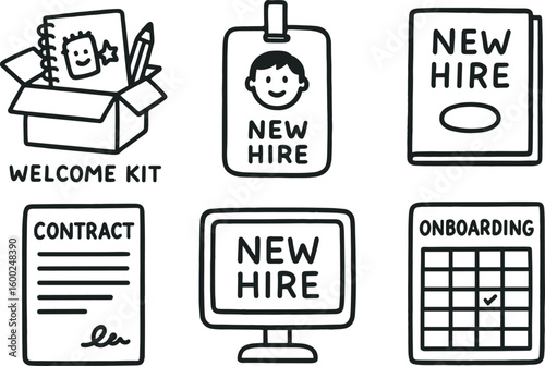 hand drawn cute out doodle style isolated new hire welcome kit new hire ID badge new hire orientation manual new hire contract form new hire computer terminal new hire onboarding schedule
