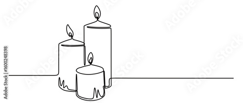 Continuous line art of a candle with a burning flame. The concept of lighting using candles. This icon is for a religious or Christmas poster.