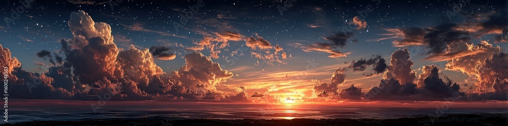 Fototapeta premium Vivid sunset over ocean horizon with dramatic glowing clouds and sparkling night stars in a panoramic fantasy sky Generative AI