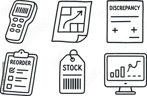 hand drawn cute out doodle style isolated inventory specialist barcode validator inventory specialist warehouse map overlay inventory specialist discrepancy form inventory specialist