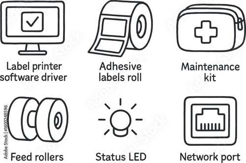 hand drawn cute out doodle style isolated label printer software driver label printer adhesive labels roll label printer maintenance kit label printer feed rollers label printer status LED