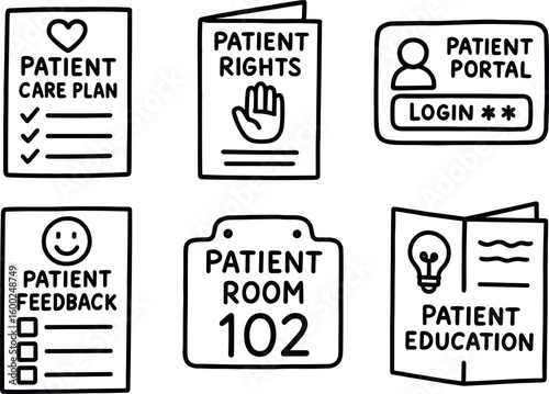 hand drawn cute out doodle style isolated patient care plan template patient rights brochure patient portal login card patient feedback survey patient room number plaque patient education