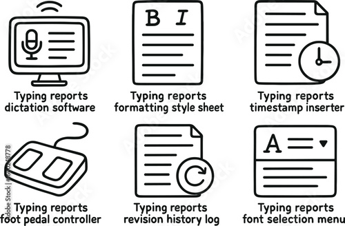 hand drawn cute out doodle style isolated typing reports dictation software interface typing reports formatting style sheet typing reports timestamp inserter typing reports foot pedal