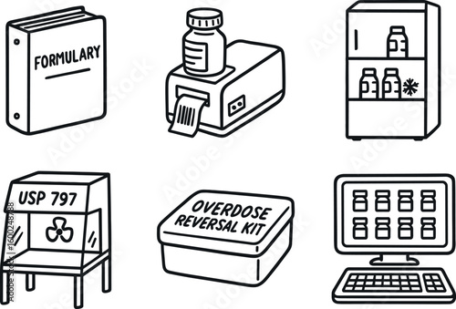 hand drawn cute out doodle style isolated pharmacist formulary binder volume pharmacist barcoded bottle labeler pharmacist refrigerated storage unit pharmacist USP 797 hood enclosure