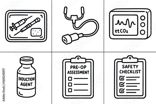 hand drawn cute out doodle style isolated anesthesiologist nerve block tray anesthesiologist end tidal CO? sensor anesthesiologist capnography module anesthesiologist induction agent vial
