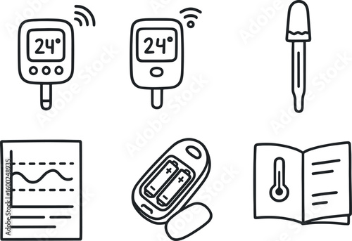 hand drawn cute out doodle style isolated thermometer data logger module thermometer wireless transmitter thermometer ambient shield cap thermometer base verification chart thermometer