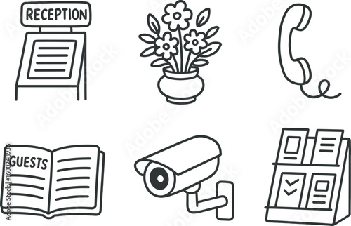 hand drawn cute out doodle style isolated reception directory kiosk reception flower arrangement reception telephone handset reception guestbook log reception security camera reception