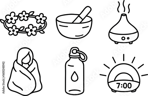 hand drawn cute out doodle style isolated healing season flower crown healing season sound bowl healing season aroma diffuser healing season blanket wrap healing season hydration bottle