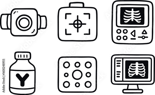 hand drawn cute out doodle style isolated ray image tube housing ray image collimator ray image control panel ray image contrast agent ray image calibration phantom ray image DICOM viewer