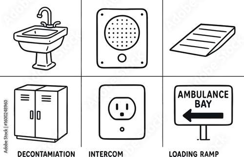 hand drawn cute out doodle style isolated ambulance bay decontamination sink ambulance bay intercom speaker ambulance bay loading ramp ambulance bay storage lockers ambulance bay power
