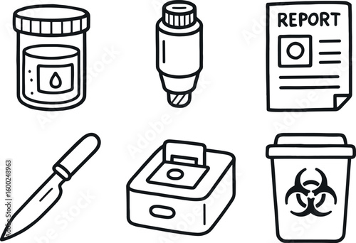 hand drawn cute out doodle style isolated pathologist specimen jar pathologist microscope lens pathologist pathology report pathologist histology knife pathologist slide scanner pathologist