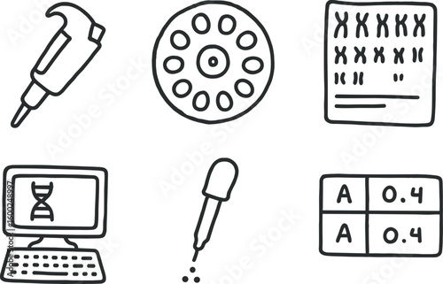 hand drawn cute out doodle style isolated geneticist pipette controller geneticist centrifuge rotor geneticist karyotype chart geneticist bioinformatics workstation geneticist gene