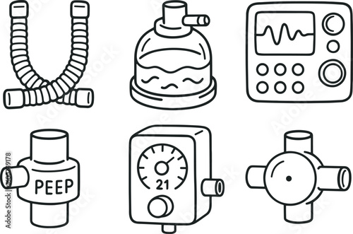hand drawn cute out doodle style isolated ventilator circuit tubing ventilator humidifier chamber ventilator control panel ventilator PEEP valve ventilator oygen blender ventilator flow