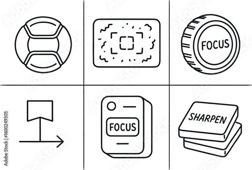 hand drawn cute out doodle style isolated focus lens cap focus peaking overlay focus adjustment wheel focus plane indicator focus plugin module focus sharpening filter