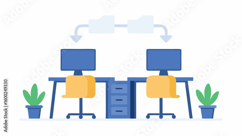 Two office desks with computers and chairs exchanging data via cloud connection shown in illustration