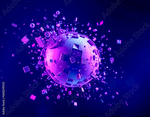 Exploding purple digital sphere with glowing particles and abstract 3D data elements, technology and innovation concept.