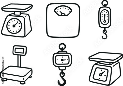 hand drawn cute out doodle style isolated kitchen scale platform bathroom scale dial spring scale hook digital bench scale hanging crane scale postage scale tray