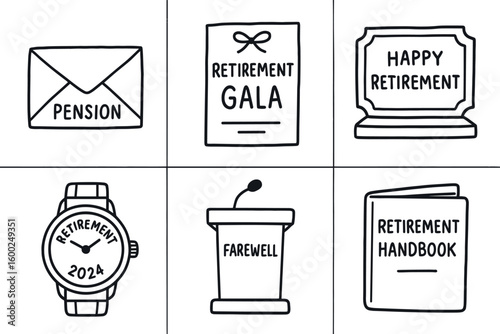 hand drawn cute out doodle style isolated pension letter packet retirement gala invitation commemorative plaque retirement watch engraving farewell speech podium retirement handbook booklet