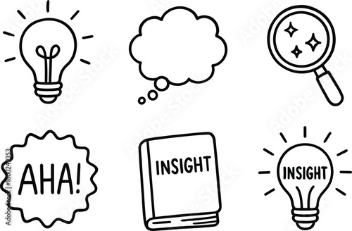 hand drawn cute out doodle style isolated bulb icon epiphany spark animation thought bubble overlay clarity lens filter aha moment badge insight journal notebook