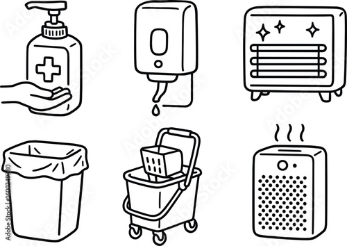 hand drawn cute out doodle style isolated hand sanitizer dispenser antimicrobial soap station UV surface sterilizer waste bin r dispenser mop bucket wringer HEPA air purifier