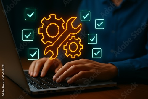 Person typing on laptop with glowing tools and checklist icons hands keyboard