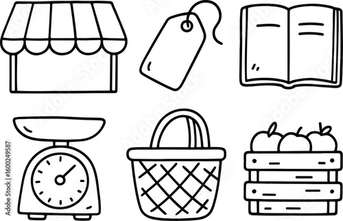 hand drawn cute out doodle style isolated market stall awning canopy market price tag label market ledger book journal market vendor scale balance market shopper basket tote market produce