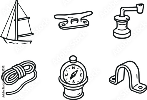 hand drawn cute out doodle style isolated sailing mast rigging sailing cleat hook mount sailing winch handle crank sailing sail reefing sailing compass binnacle sailing hull flange bracket