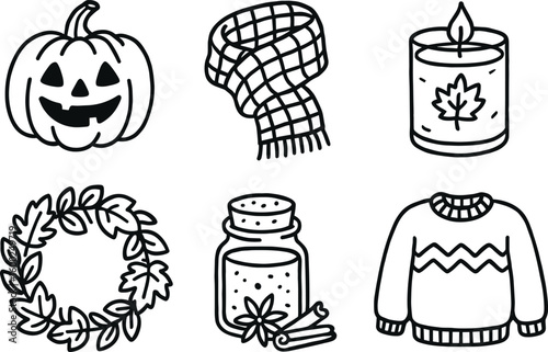 hand drawn cute out doodle style isolated autumn pumpkin lantern autumn plaid scarf autumn scented candle autumn leaf wreath autumn spice blend autumn knit sweater