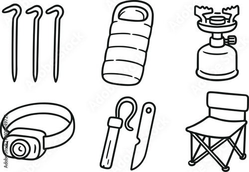 hand drawn cute out doodle style isolated camping tent stakes camping sleeping bag r camping portable stove camping headlamp camping fire starter camping folding chair