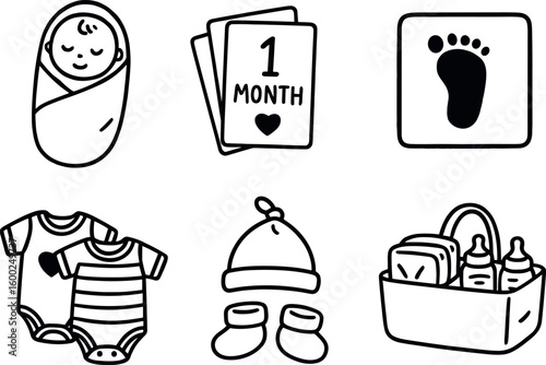 hand drawn cute out doodle style isolated newborn swaddle blanket newborn milestone cards newborn foot print kit newborn onesie newborn cap and booties newborn diaper caddy