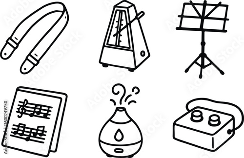 hand drawn cute out doodle style isolated musician guitar strap musician metronome musician instment stand musician sheet music folder musician humidifier musician footswitch pedal