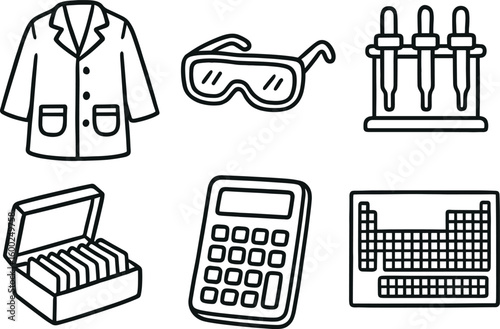 hand drawn cute out doodle style isolated scientist lab coat apron scientist safety goggles scientist pipette rack scientist microscope slide bo scientist pocket calculator scientist